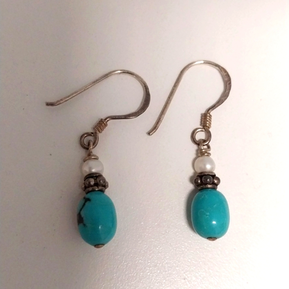 Beautiful sterling pearl and turquoise drop earrings EUC